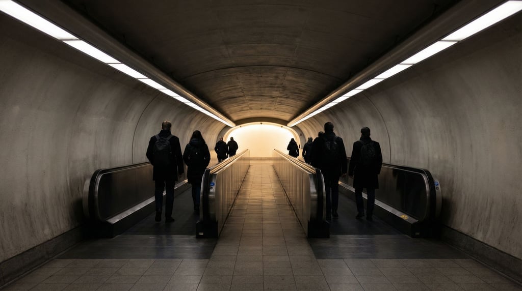 A long underground corridor with moving walkways on both sides