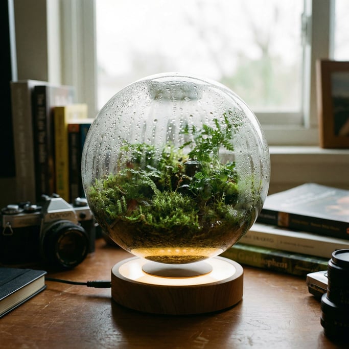 A spherical terrarium the size of a bowling ball contains a self-sustaining miniature ecosystem — ti