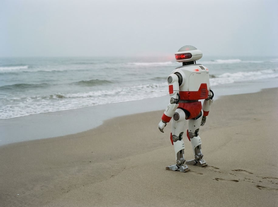 A robot lifeguard in waterproof white and red housing stands watch on a misty beach