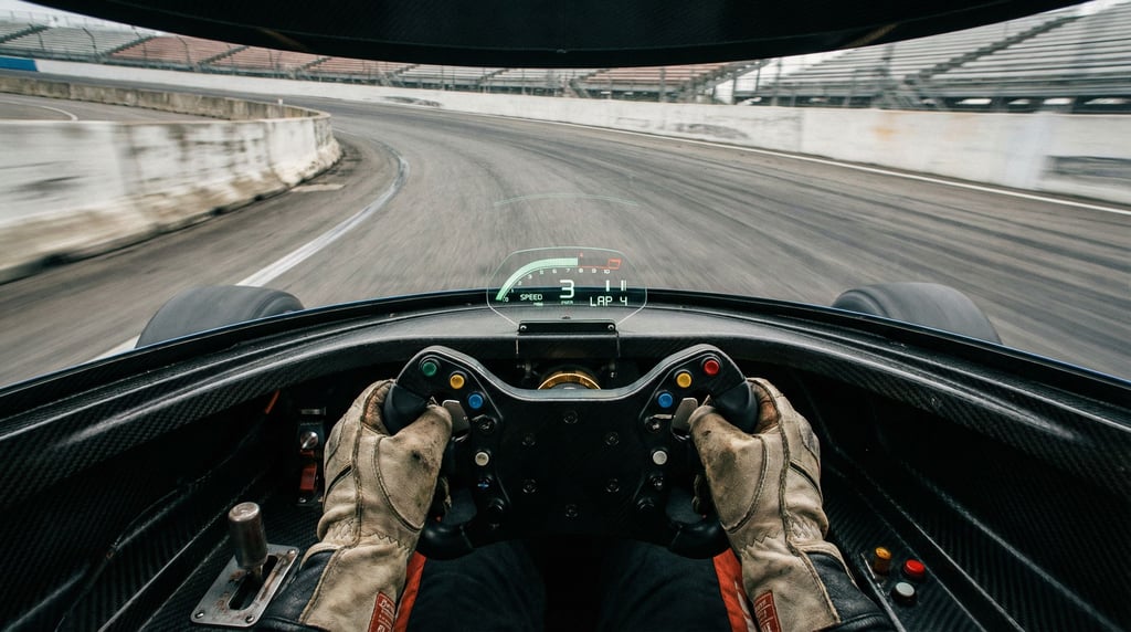 The cockpit of a racing pod from the driver's perspective — a minimal HUD on the curved windscreen