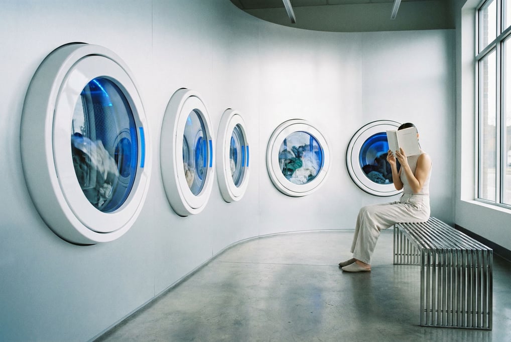 A laundromat of the future — sleek white cylindrical washing units built into the wall