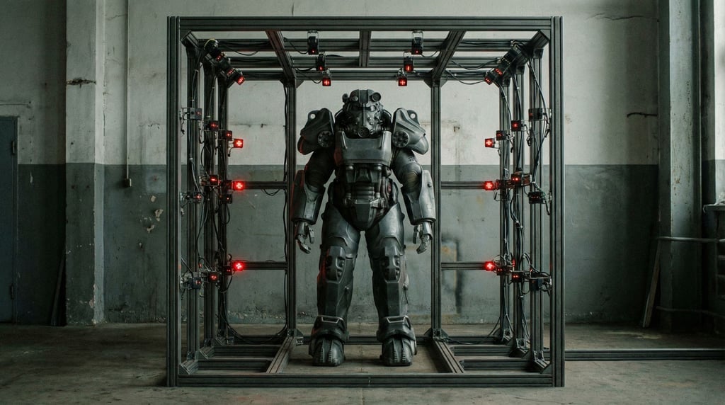 A prototype power armor suit stands in a testing cage — a steel frame enclosure with sensor arrays p