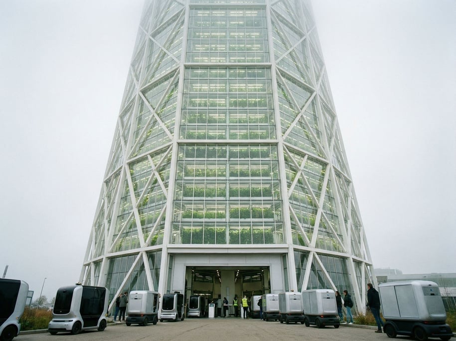 A vertical farm tower seen from ground level looking up — each floor has plants visible through glas