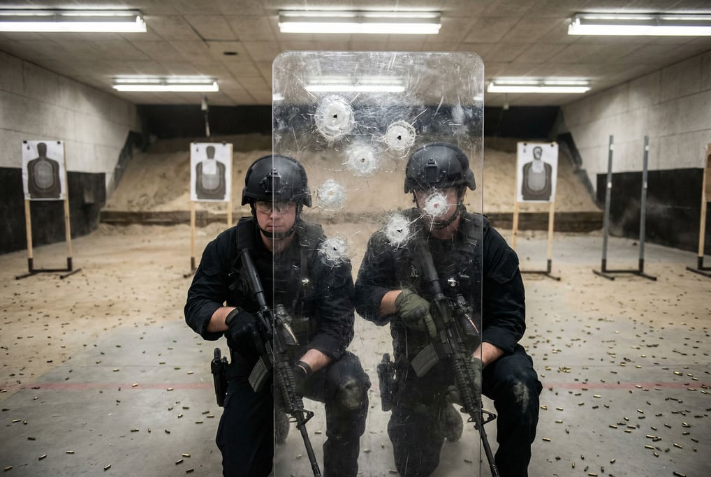 Two figures in dark tactical gear crouch behind a transparent ballistic barrier in a training range