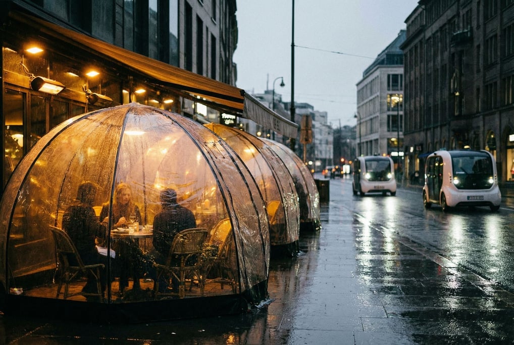 An outdoor cafe with transparent weather-shield domes over each table