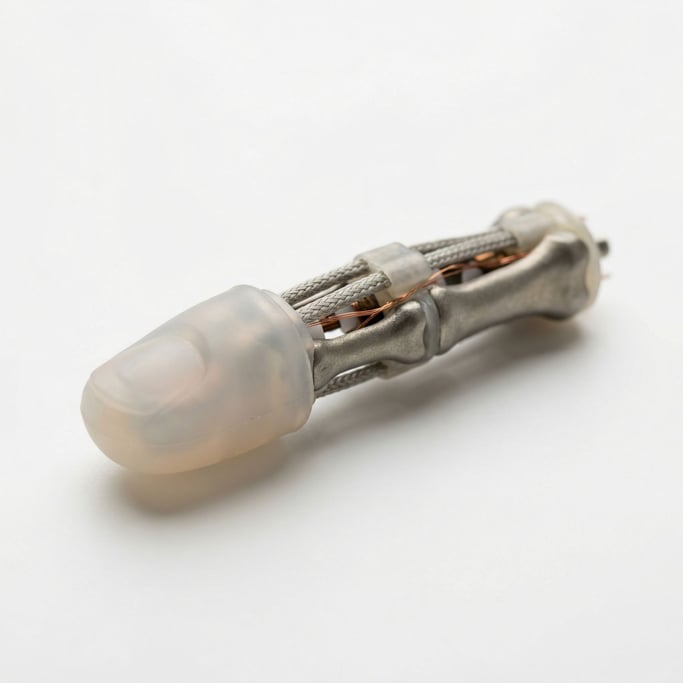 A single robotic finger, detached, lying on a white surface — the tip has a soft silicone pad