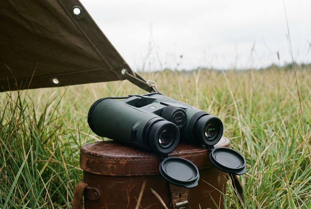 A pair of binoculars in matte dark green with digital overlay capabilities displayed on a leather ca