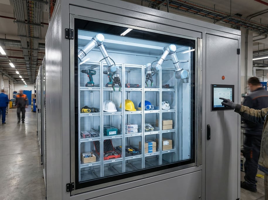 A vending machine for equipment — behind a glass front