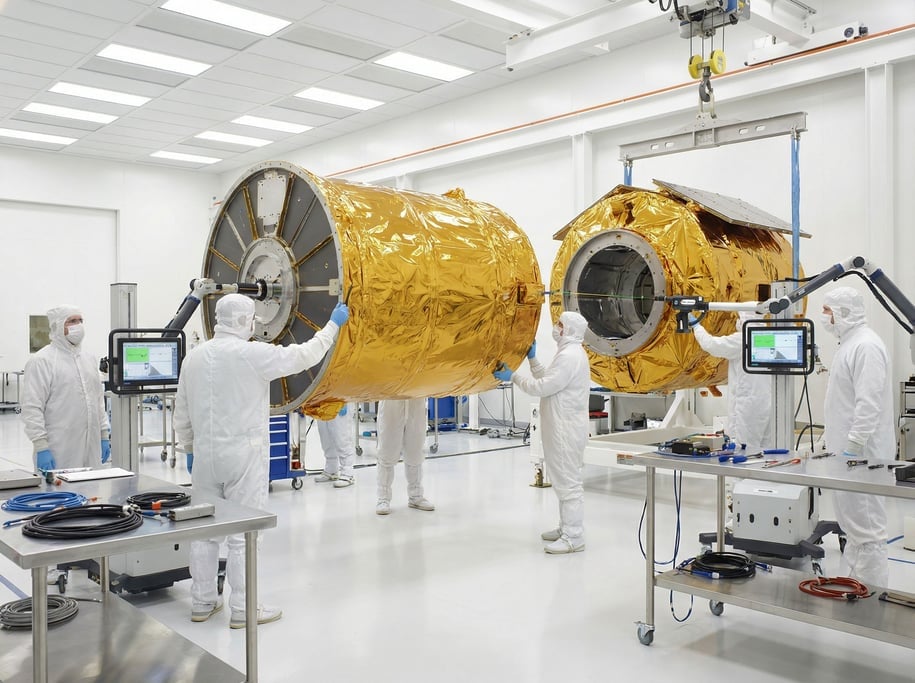 A modular spacecraft being assembled in a clean room — white-suited technicians connect two bus-size
