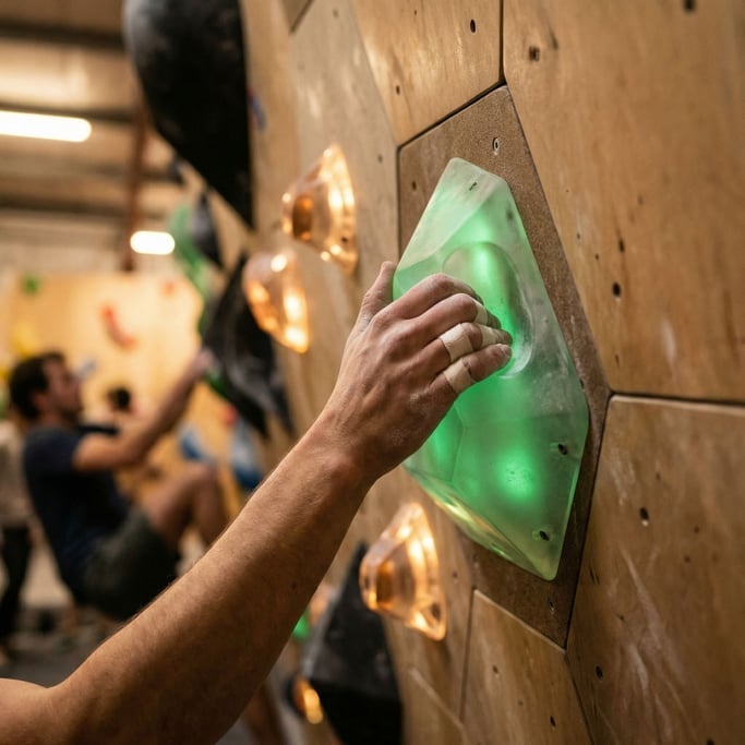 A climbing wall made of modular holds that rearrange themselves — some mid-movement