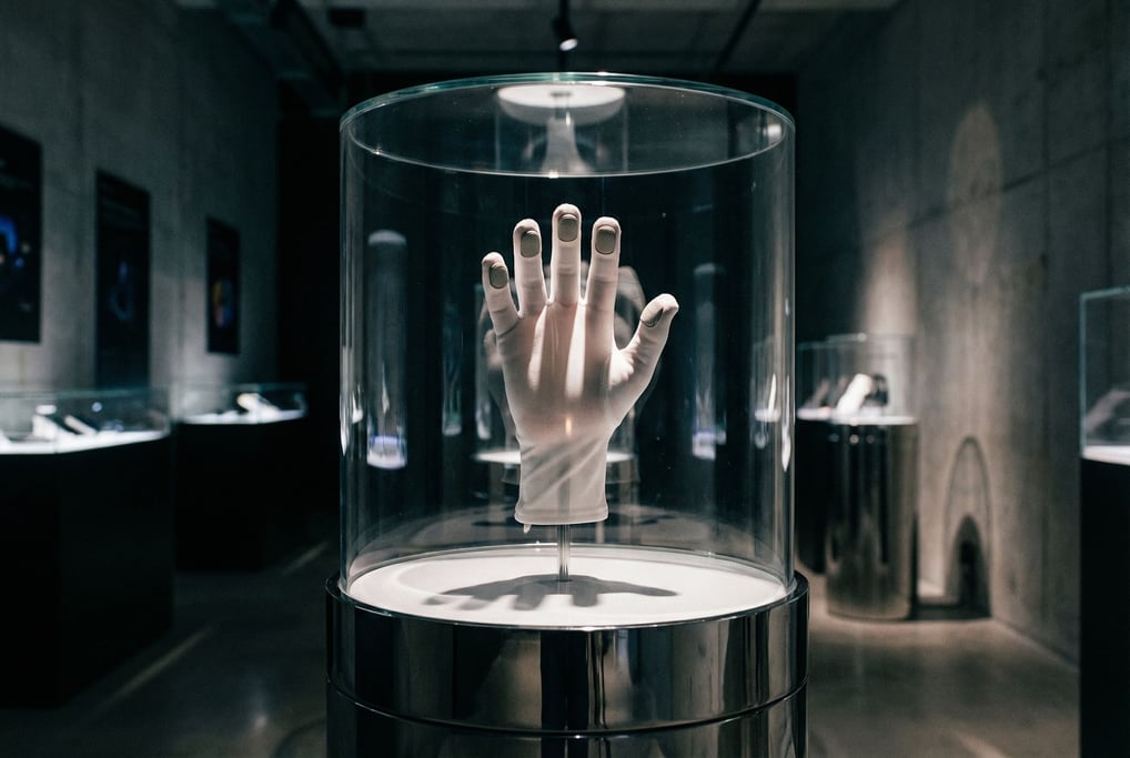 A single white glove with haptic feedback pads at each fingertip floats in a display case
