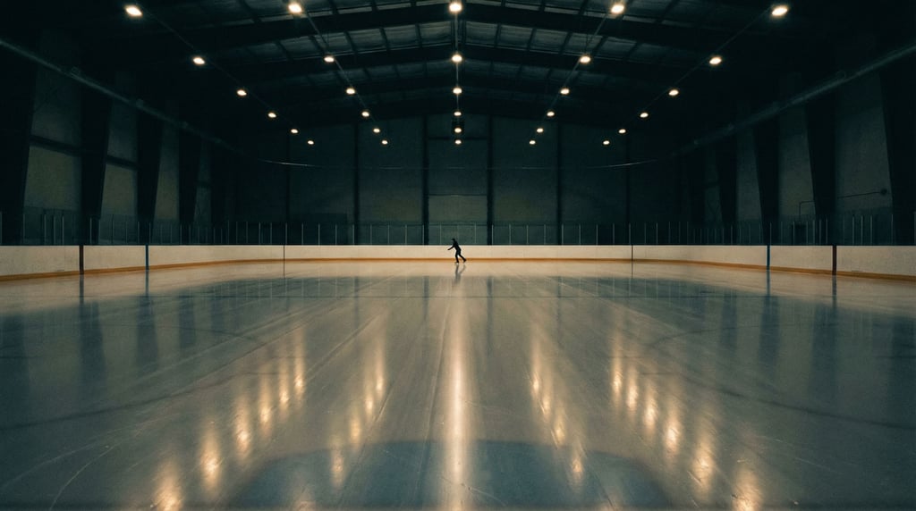 A vast indoor ice rink with a perfectly smooth surface reflecting the overhead lights in long streak