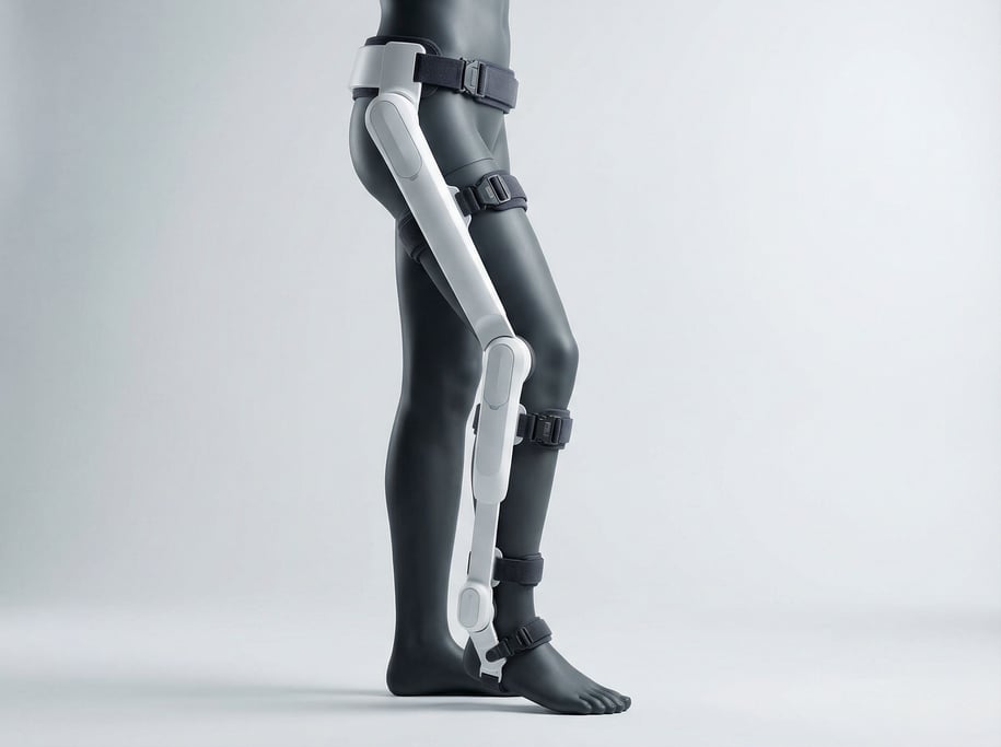 A wearable exoskeleton leg brace in medical white, displayed on a mannequin leg from hip to ankle