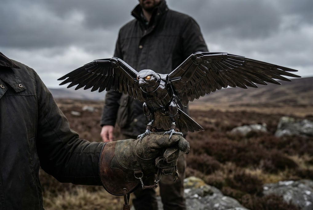 A robotic falcon with spread wings in dark chrome perches on a handler's leather gauntlet