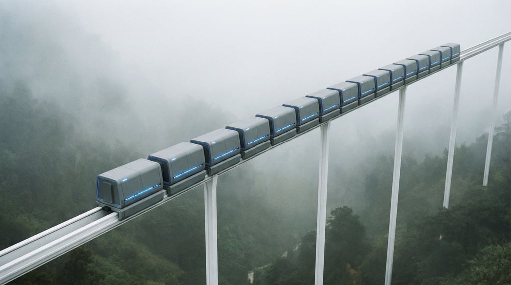 A cargo train of connected pods moves silently along an elevated track through a misty valley