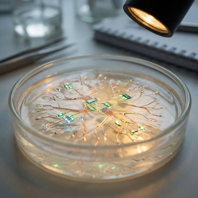 A petri dish under a microscope light contains a small electronic circuit that appears to be growing