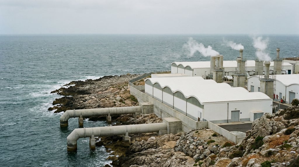 A desalination plant stretches along a rocky coastline — a series of low white buildings with curved