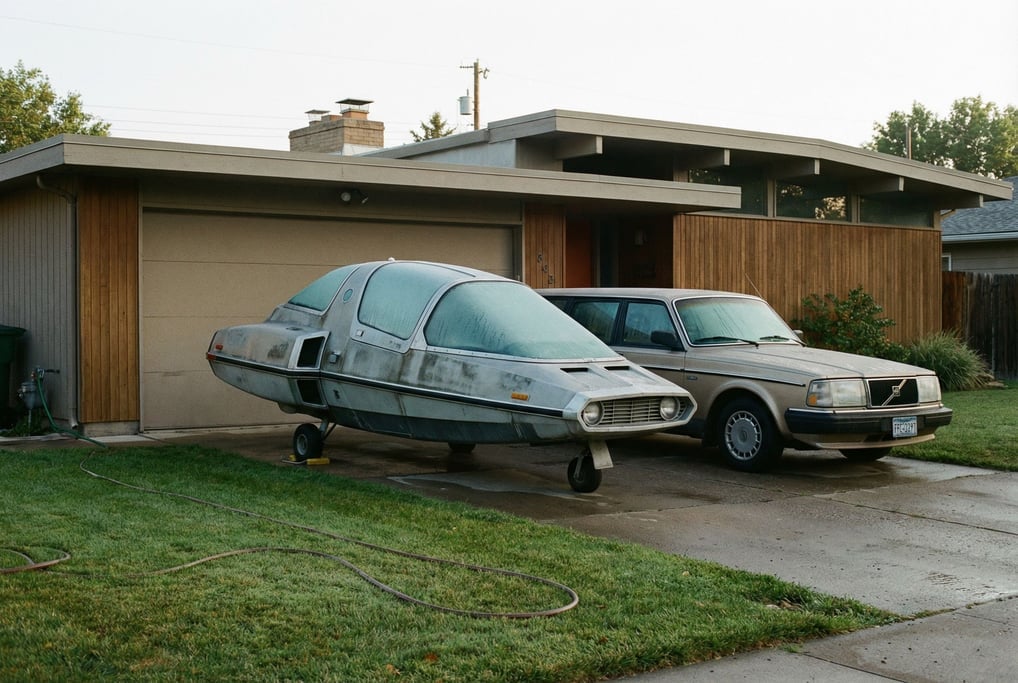 A small personal spacecraft parked in a suburban driveway next to a conventional car