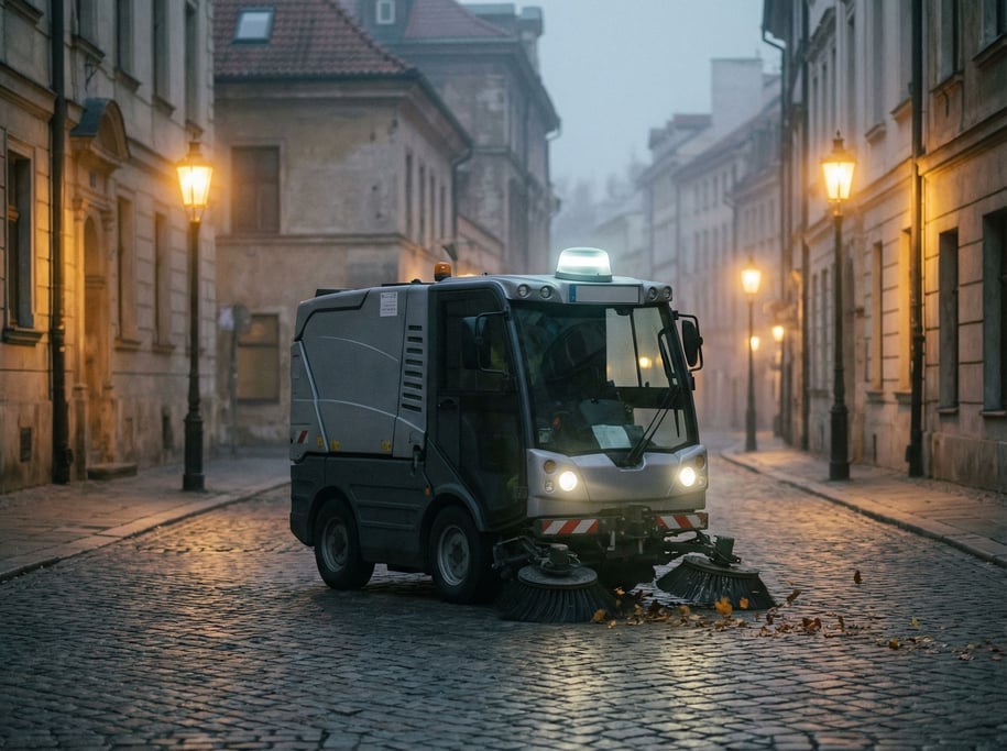 A street sweeper robot in municipal grey with rotating brush mechanisms works a quiet pre-dawn stree