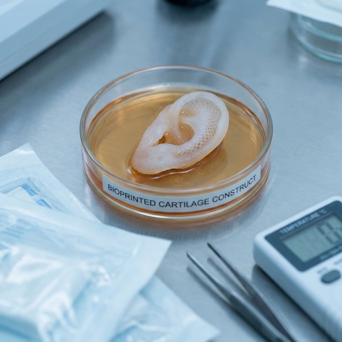A bioprinted ear sits in a clear nutrient solution in a laboratory dish, perfectly formed