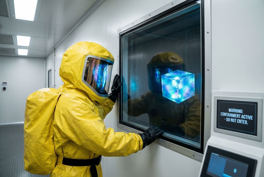 A figure in a complete radiation suit in bright yellow stands at a viewing window looking into a sea