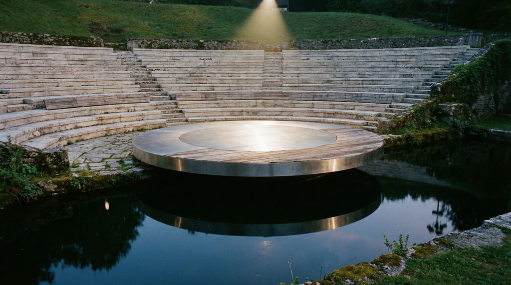 An outdoor amphitheater with seats carved into a hillside
