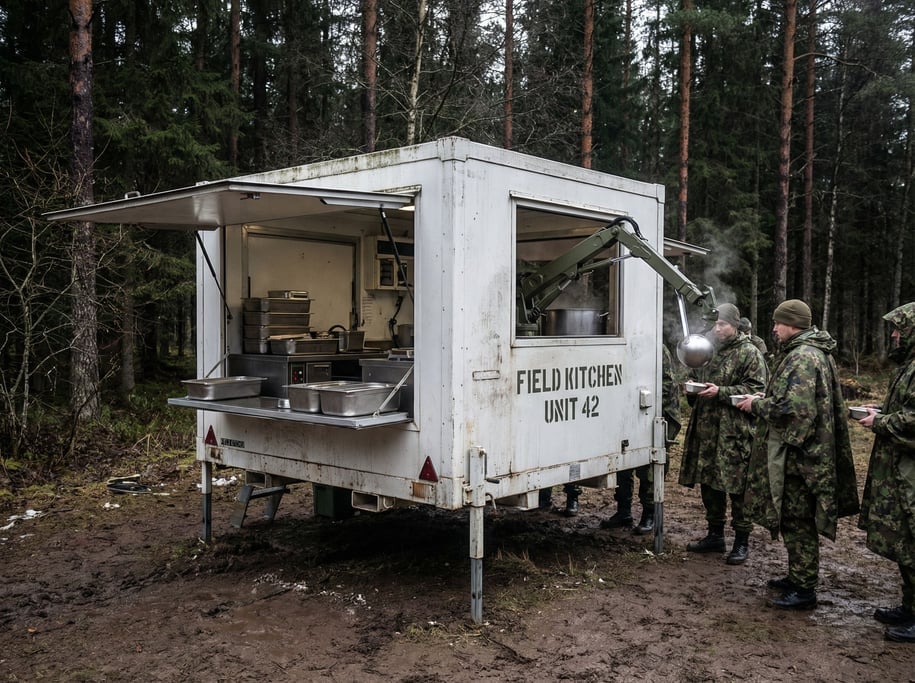 A military field kitchen deployed in a forest clearing — a compact white module on deployable legs w
