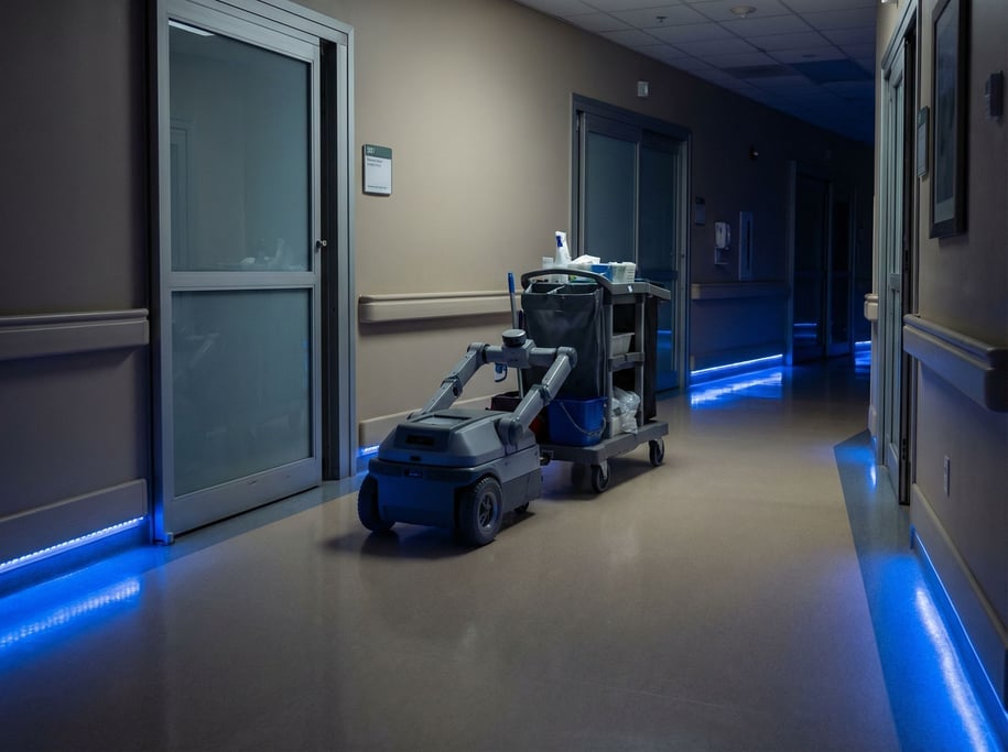 A robot janitor pushes a cleaning cart down a hospital corridor at night