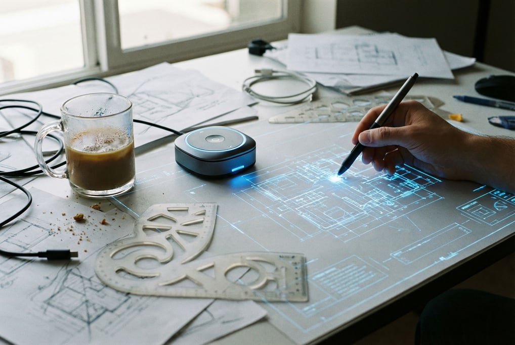 A set of architect's tools from the future laid out on a drafting table — a stylus that projects lig