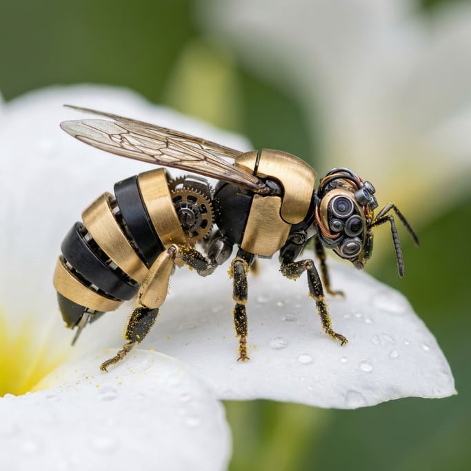 A robot bee, tiny and intricate, rests on a white flower petal, its wings folded
