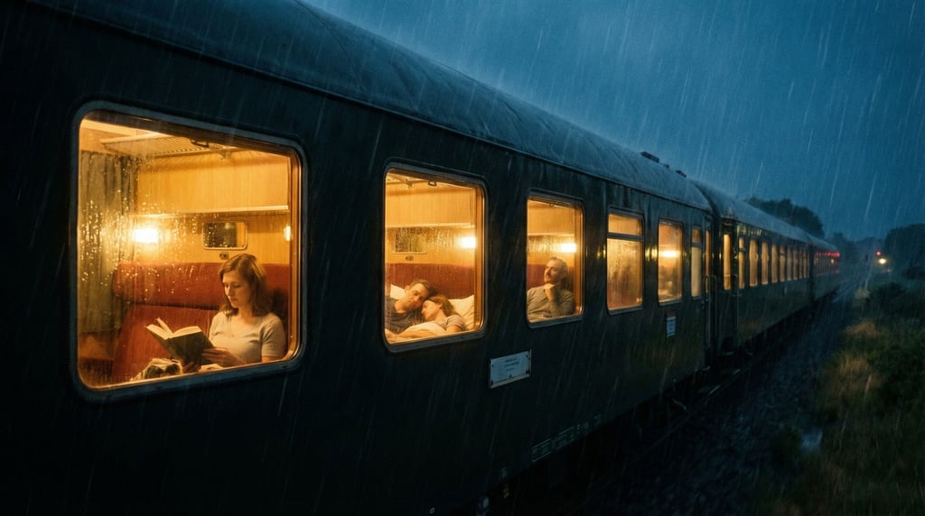 An overnight train with sleeper compartments visible through large windows — each compartment a warm