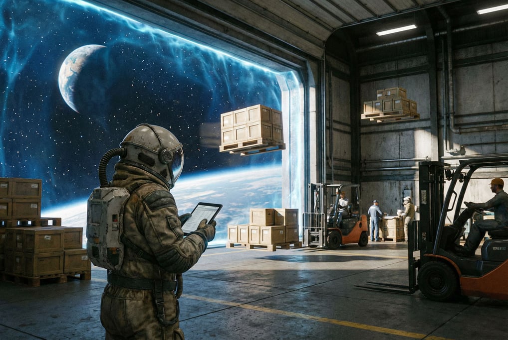 A loading dock in space — a large open bay with a force field shimmering faintly where the atmospher