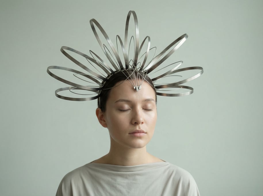 A model wears a headpiece of thin titanium arcs radiating from a central point above the forehead