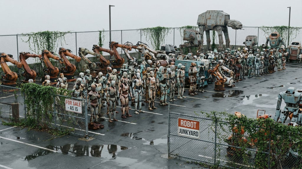 A parking lot full of decommissioned robots of various sizes and types