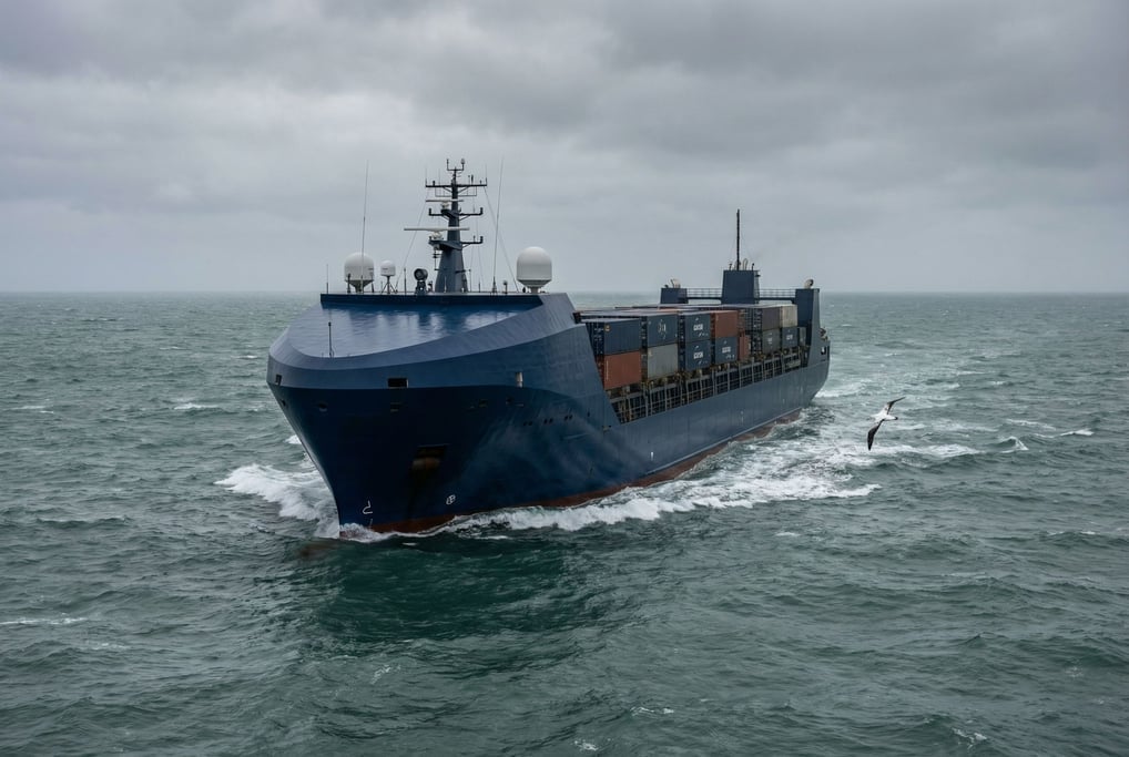 An autonomous cargo ship in dark blue hull sails through open ocean under overcast skies