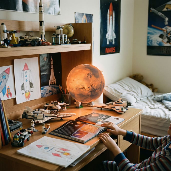 A miniature holographic globe of Mars hovers above a child's desk in a bedroom, slowly rotating