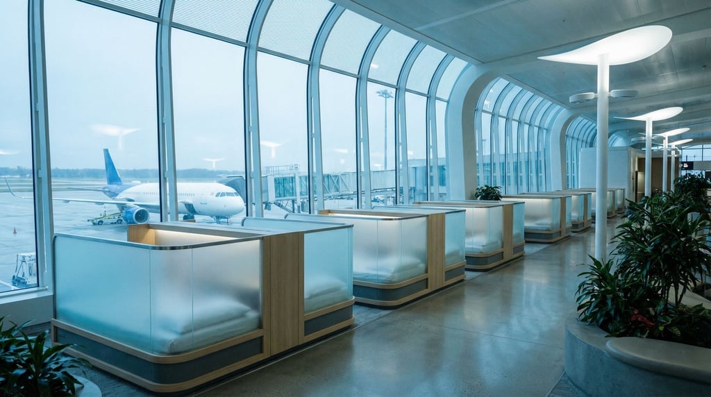 An empty airport gate of the future — no seats, instead individual resting pods line the windows