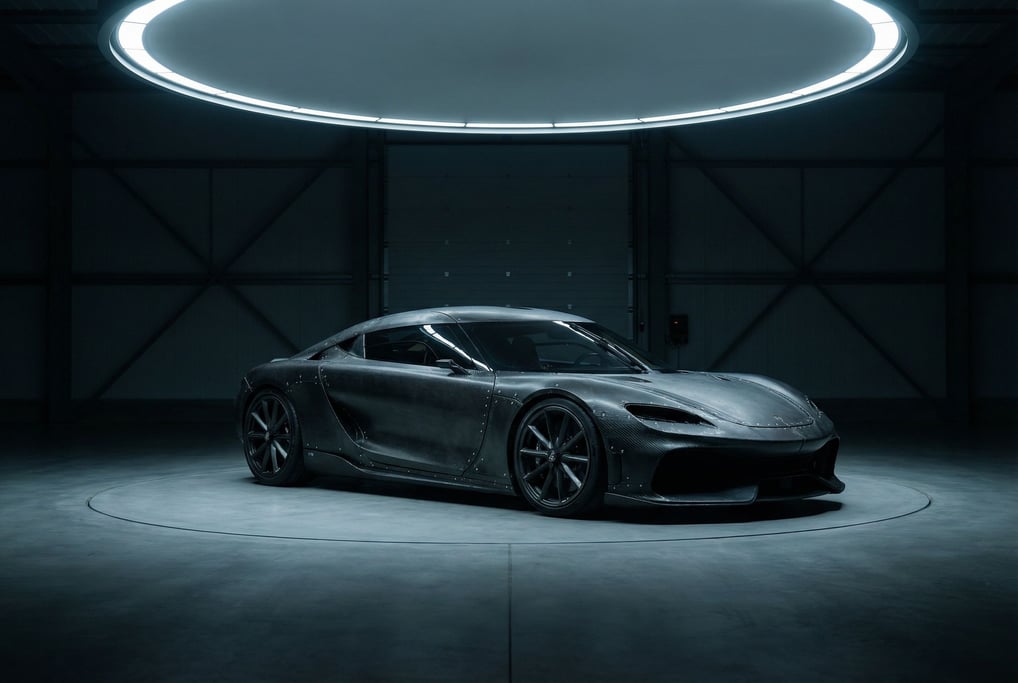 A concept vehicle showroom with a single car on a slowly rotating platform