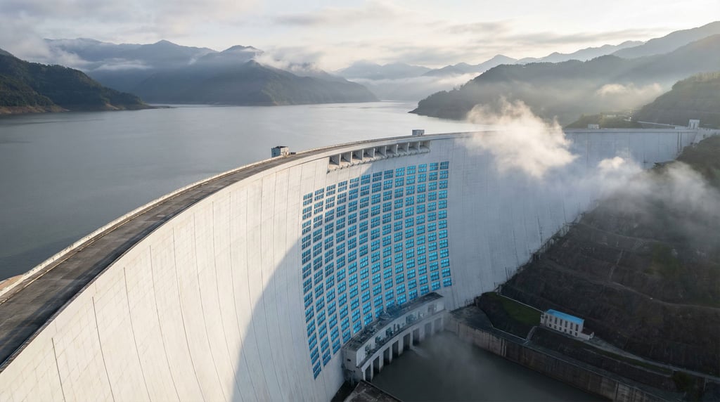 A dam of unprecedented scale curves across a wide valley