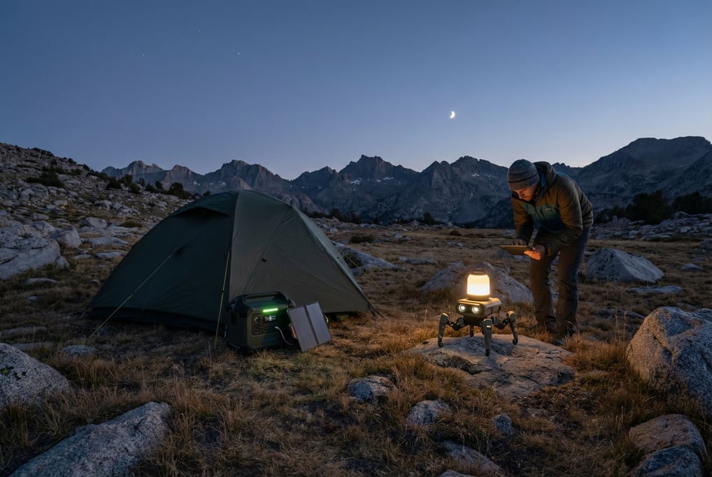 A camping scene where a small dome tent in dark green sits beside a portable power unit and a compac