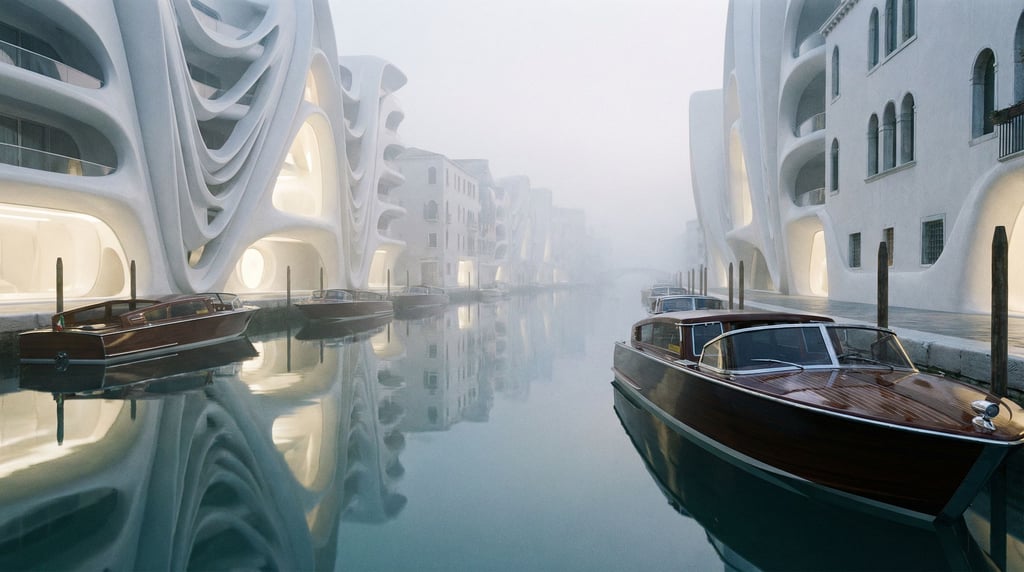 A canal in a futuristic city where the water is impossibly clear and the buildings along it are whit