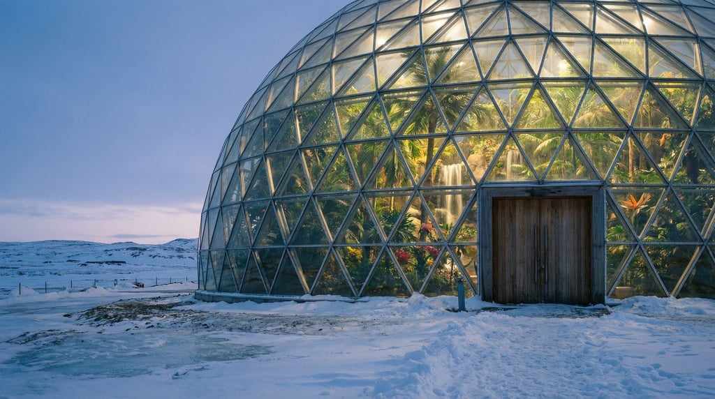 An enormous greenhouse dome in the arctic, its interior lush and tropical