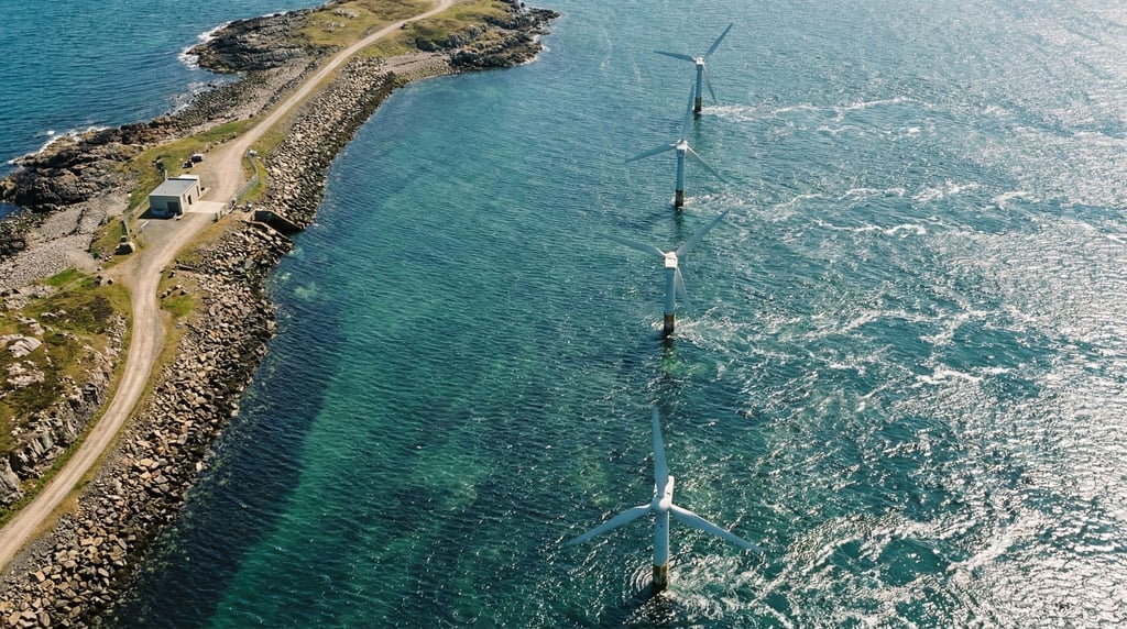 A tidal power installation seen from above — a row of submerged turbines visible through clear coast