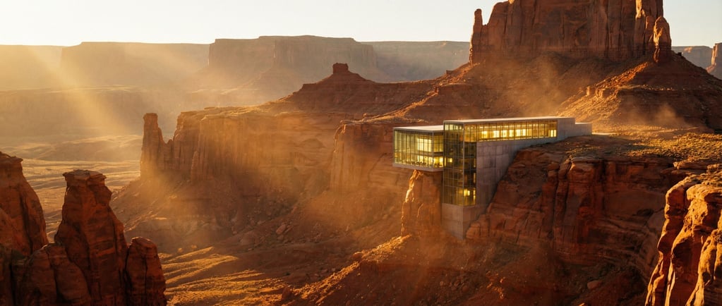 Ultra-wide panoramic view of a desert mesa at golden hour