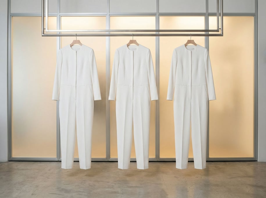 Three identical white jumpsuits hang on minimalist wooden hangers on a brushed steel rail in a wardr