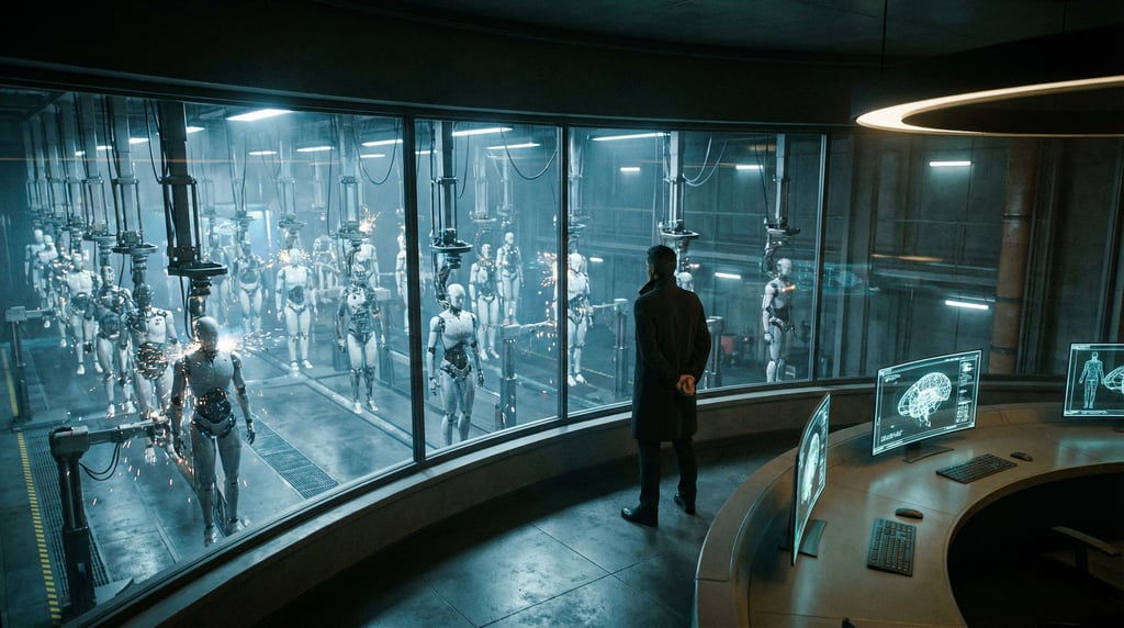 An enormous glass-walled control room overlooking a cavernous manufacturing floor below