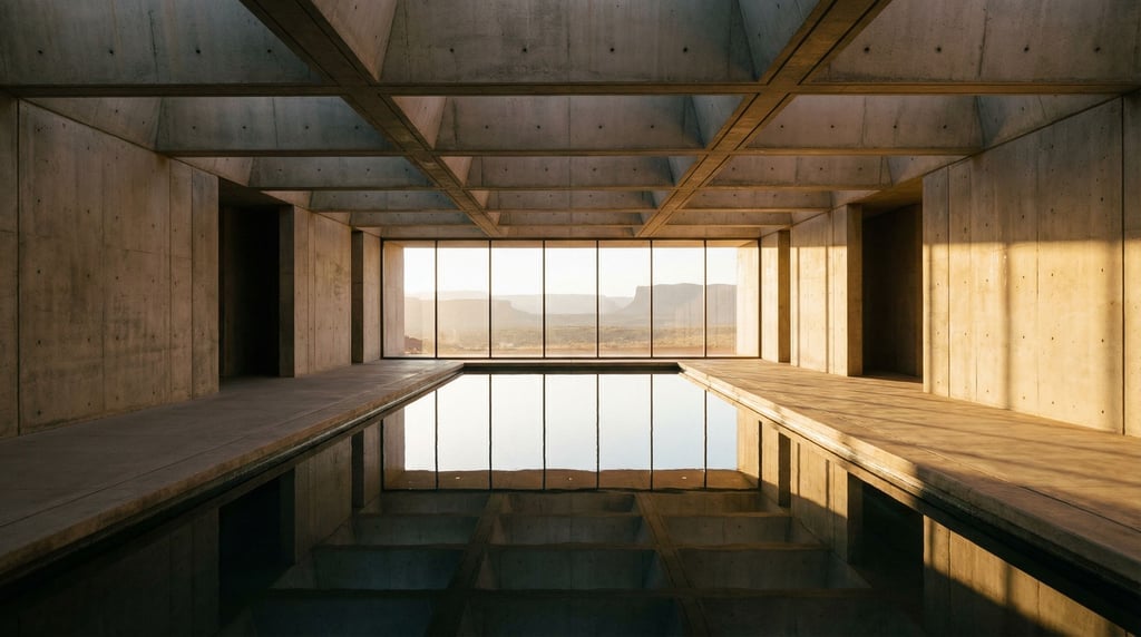 A reflecting pool inside a brutalist concrete atrium
