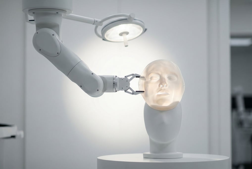 A matte-white robotic arm emerges from a ceiling mount
