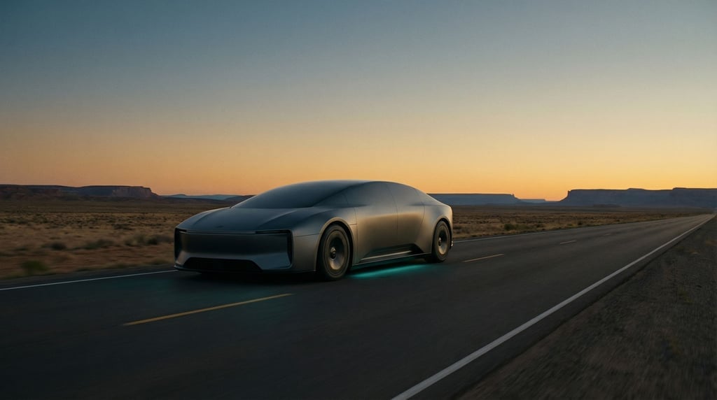 A sleek autonomous transport vehicle — matte gunmetal grey, low-slung