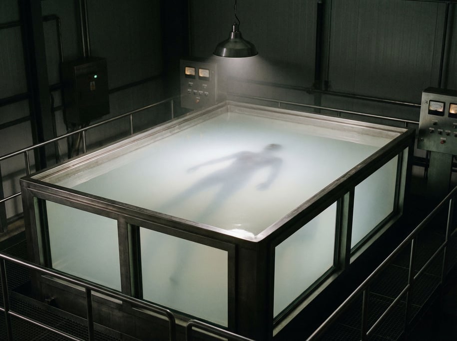 An opaque milky-white liquid fills a large rectangular tank in a dimly lit manufacturing bay